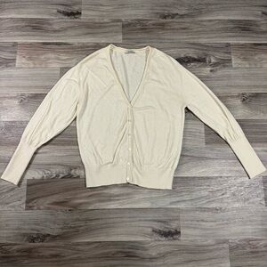 AYR The Airport Cardi V-Neck Cardigan Ivory Cream Merino Wool Blend Size Small